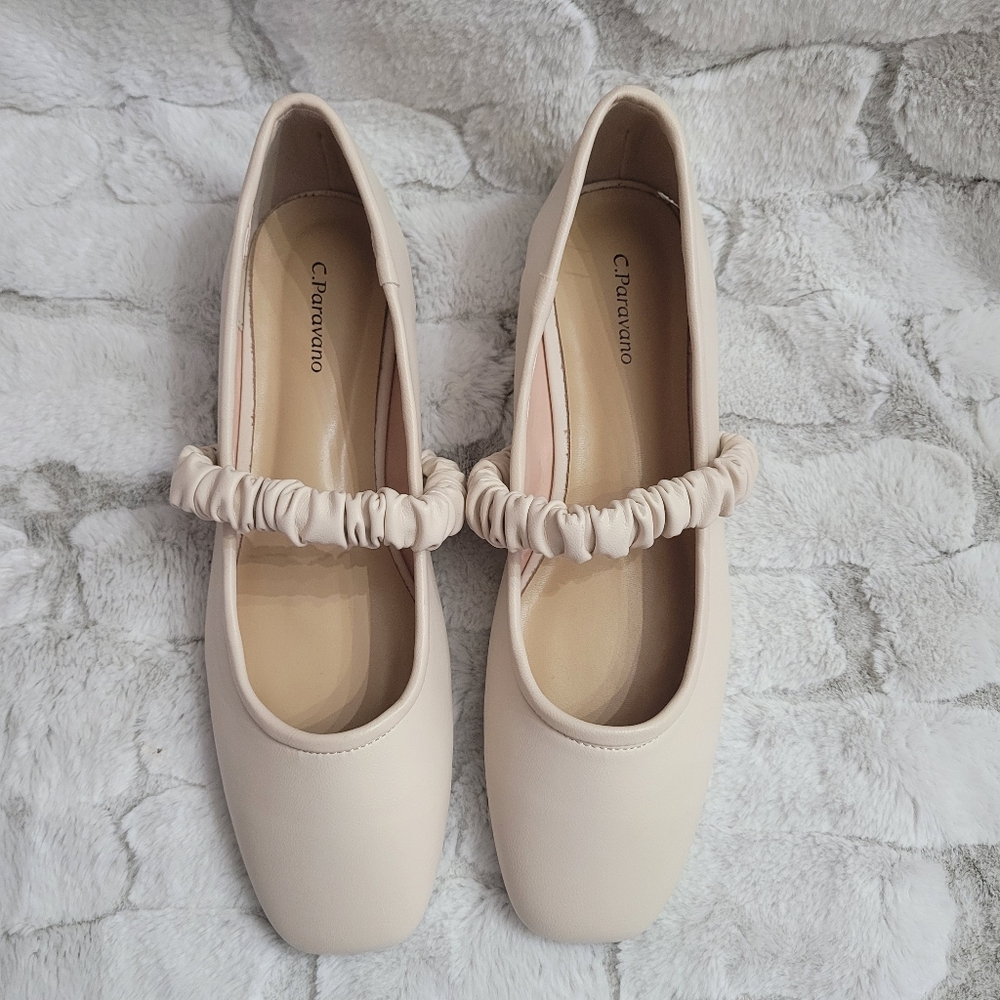 C. Paravano Women's Size 10.5 Off White Elastic Strap Mary Jane (Clara) Flats - Picture 4 of 13